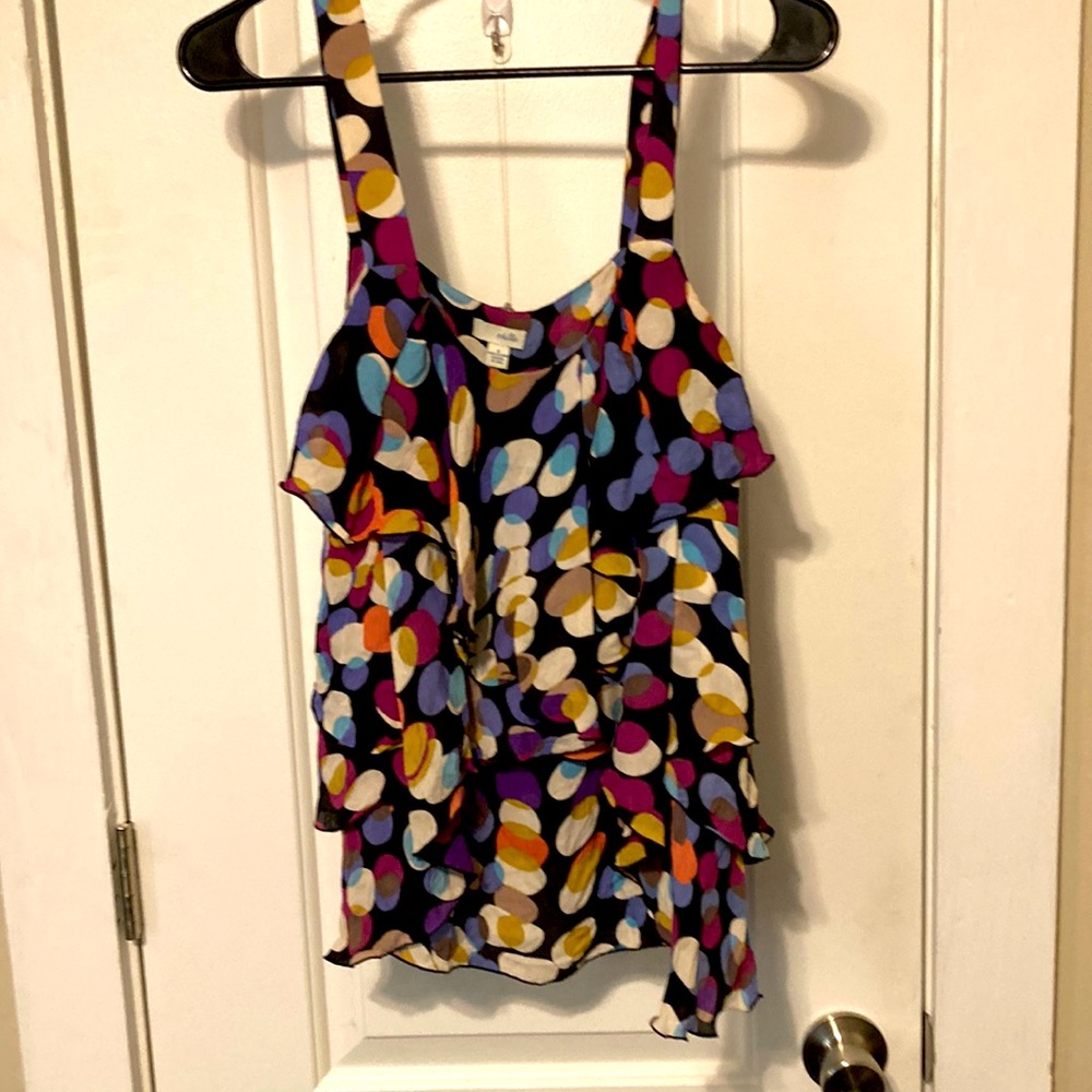 Odille Black Multi-Color Polka Dot Ruffle Tank Top